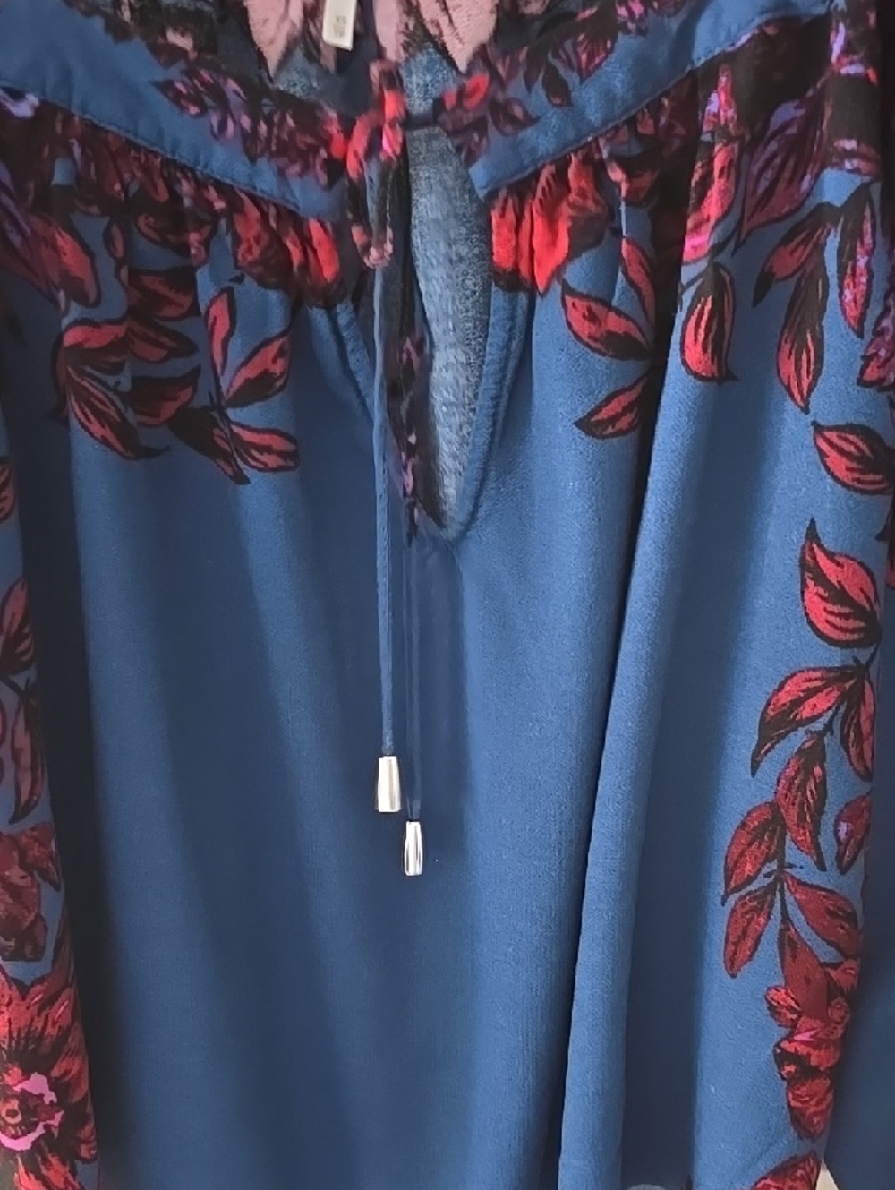 Free People Blue Floral Peasant Blouse with Tie - Picture 6 of 7